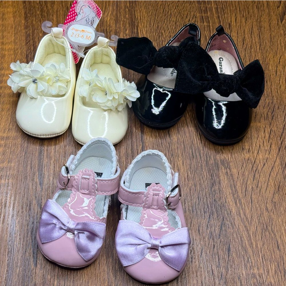 Pink black ivory baby girl formal dress shoes size 2 bows flowers 3-6 months - Picture 1 of 9